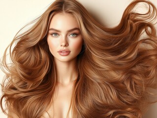 Obraz premium portrait of a young woman model with luxurious thick hair and a red lip is shown in the picture