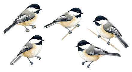 Fototapeta premium Watercolor Illustration of Black-Capped Chickadees on Isolated White Background