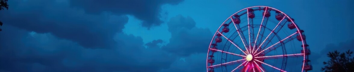 Fototapeta premium Ferris wheel at dusk with blue background and lights turning on slowly,, atmospheric