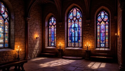 Medieval Ambiance: Visualize a medieval chapel interior with vivid stained glass windows and flickering candlelight, casting mystical colors across the stone walls.