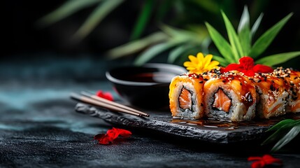 Delicious salmon sushi rolls with soy sauce.
