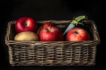 Still Life Photography,  Apples, Potato, Eggplant in Rustic Basket
