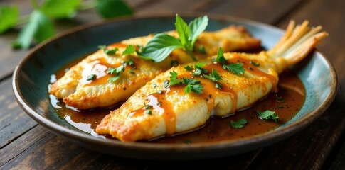 Crispy fried tilapia with herbal sauce drizzle, exterior, texture, tilapia