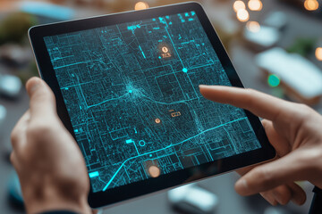 GIS specialist using a tablet with a digital interface overlay showing geospatial data, satellite imagery, technology graphs location analysis, mapping trends, spatial patterns, geographic mapping