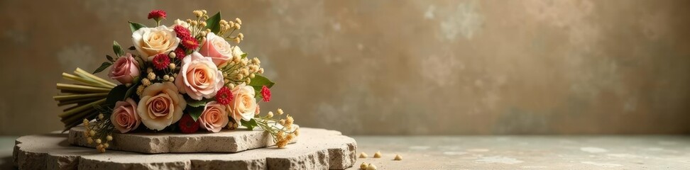 Obraz premium Crumbling stone pedestal with a withered bouquet, beige, bouquets, brown