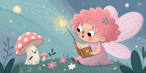Enchanting fairy girl reading in a magical garden dreamy landscape whimsical scene nighttime viewpoint fantasy concept