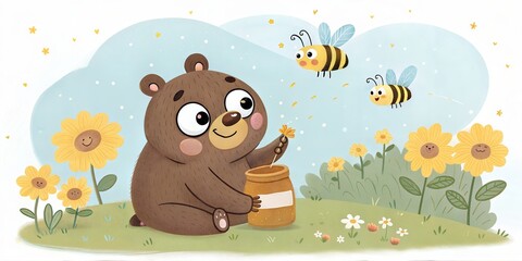 Adorable bear and bees collecting honey enchanted garden digital illustration cheerful springtime whimsical viewpoint friendship concept