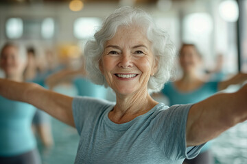 Obraz premium Active older adult enjoying water exercise class, smiling with joy. atmosphere is vibrant and supportive, showcasing community of individuals engaged in fitness