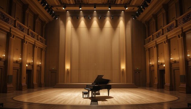 Grand Piano Standing on Stage in Empty Concert Hall with Spotlights