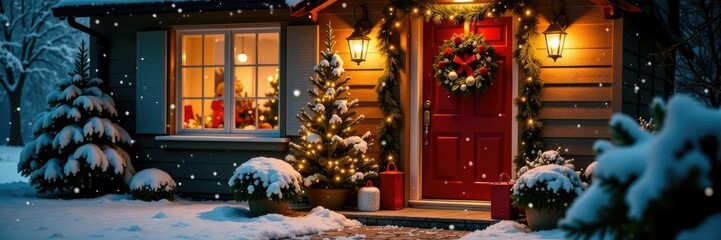 Festive Christmas decorations adorn a warm and cozy snowy doorway, evergreen, warm glow