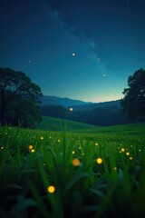 Obraz premium glowing fireflies in a lush green meadow under starry sky, fireflies, landscape