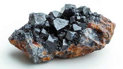 Intricate Cluster of Dark Metallic Crystals on a Matrix of Rock, displaying complex geometry and natural mineral formations with crystalline structure