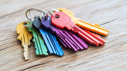 A set of house keys with a colorful keychain on a wooden table