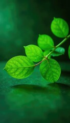 Glowing green eucalyptus leaves on a metallic surface, glow, green