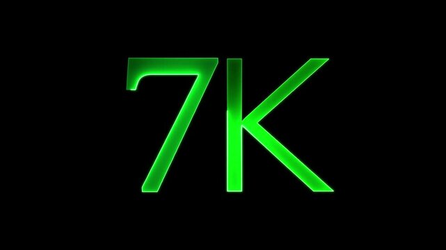 glowing neon 7K text animation on black background. 7k text font, social sites post.