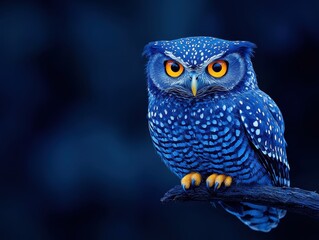 Fototapeta premium Striking blue owl perched on a branch with vibrant orange eyes in twilight