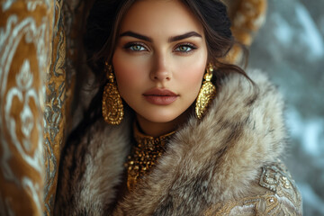 Woman in fur coat and gold earrings, walking confidently down snowy city street with a smile on her face, buildings and trees lining the path.