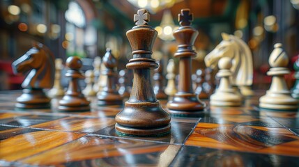 Intricate wooden chess pieces stand poised on a gleaming wooden chessboard, ready for a strategic game of intellect and skill in a blurred background