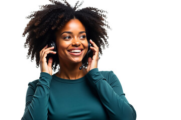 Cheerful African American woman with headset and phone. Smiling customer service, online meeting, virtual assistant. Isolated on transparent background.
