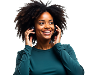 Cheerful African American woman with headset and phone. Smiling customer service, online meeting, virtual assistant. Isolated on transparent background.