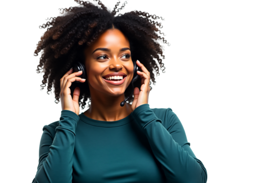 Cheerful African American woman with headset and phone. Smiling customer service, online meeting, virtual assistant. Isolated on transparent background.