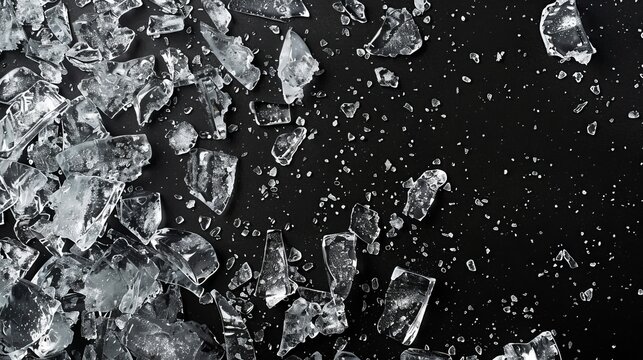 Ice, crushed on a black background. Pieces of crushed ice spread away. Crushing of the ice.