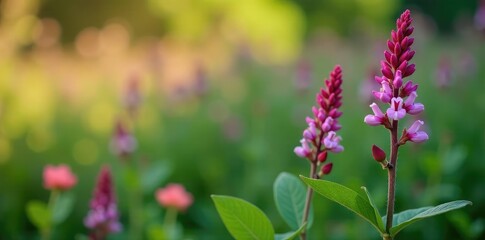 Stem of reddish tufted vetch with flowers and seed pods, foliage, vicia benghalensis, flower