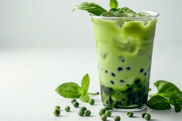 Invigorating iced green beverage with chewy tapioca pearls and sprigs of fresh mint served in a transparent glass on a clean white backdrop