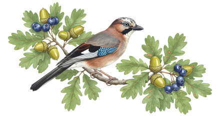 Detailed watercolor illustration of a jay bird perched on a tree branch