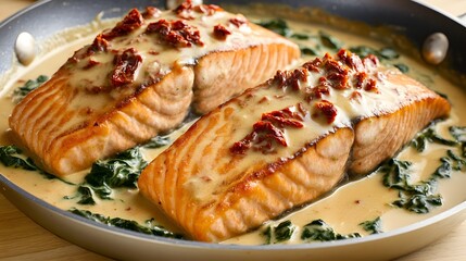 Pan-Seared Salmon with Creamy Sun-Dried Tomato Sauce and Spinach