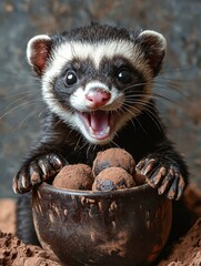 A playful ferret joyfully holds a bowl of chocolate truffles, showcasing its cute features and engaging personality.