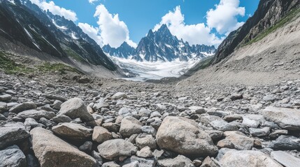Obraz premium Majestic Mountain Landscape with Glacial Valley and Rocky Foreground