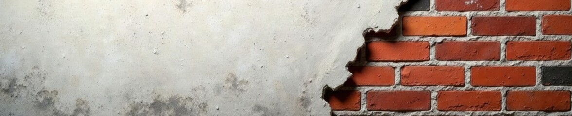 Obraz premium Crumbling plaster reveals a layer of damp brick wall, concrete, water damage