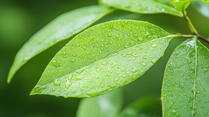 Closeup of Dewy Green Leaves in Lush Natural Setting