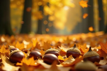 Crunchy chestnuts fall onto the carpet of golden autumn leaves, fall, forest