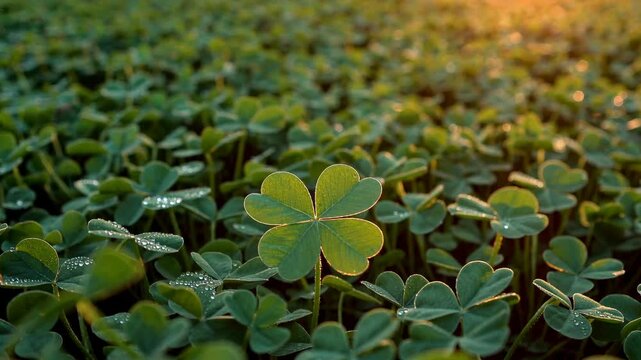 Single clover leaf in lush green field at sunrise, symbol of luck and nature beauty
