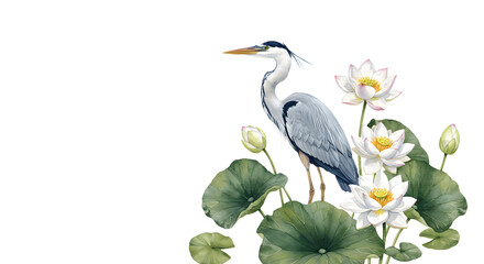 Obraz premium Elegant heron amidst lotus blooms, a serene watercolor painting on white backdrop