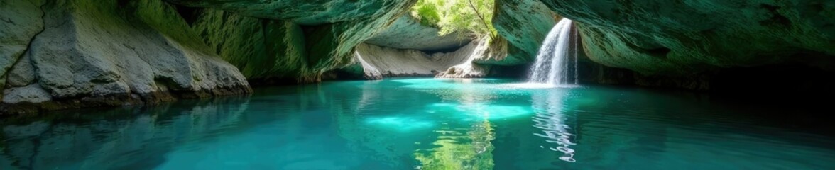 Fototapeta premium Crystal clear cave waters flow into a still pool, greenery, clear, clean