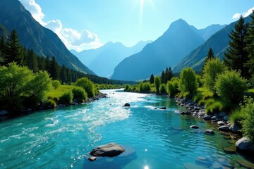 Crystal turquoise river water flowing gently through the Altai Mountains, alpine river, altai mountains