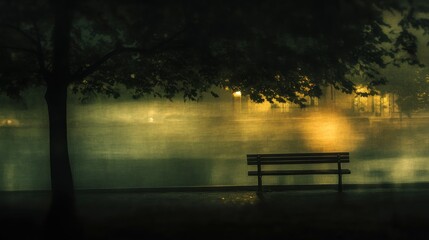 Empty park bench under a tree at night, fog, city lights in background.