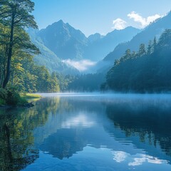 Naklejka premium Misty morning lake reflecting mountains, tranquil forest scenery