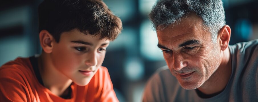Loving father attentively helps his son with his homework, fostering a close bond and creating a positive learning environment at home