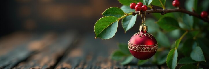 Delicate ornament hangs on rustic wooden branch, wood, holly