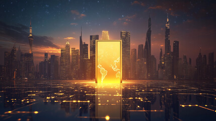 Obraz premium A city with a large golden door in the middle