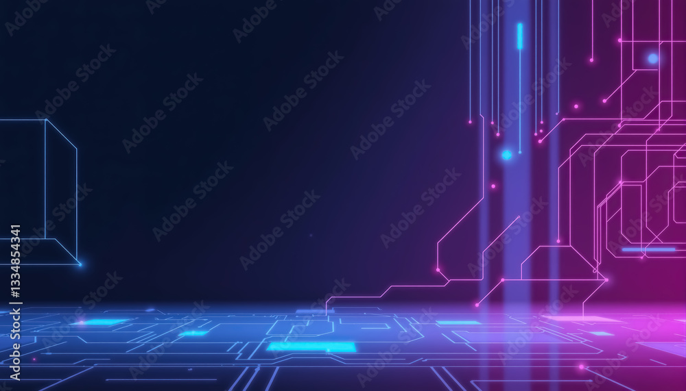 Poster Futuristic technology background with glowing circuit patterns and neon lines in blue and pink