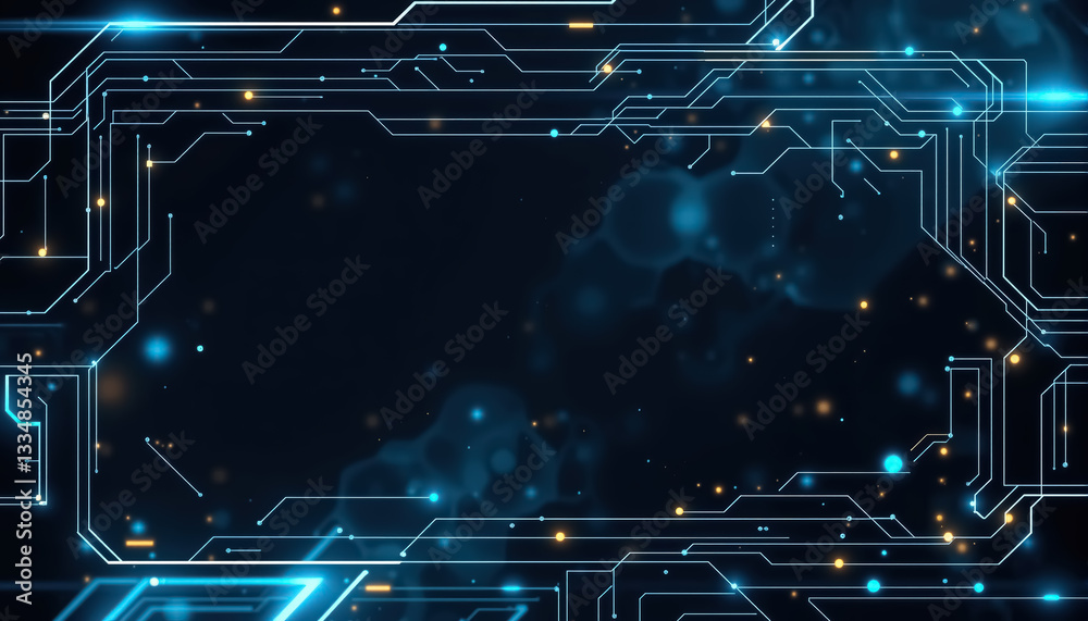 Poster Illuminated circuit board design in blue and white with digital framework and dark backdrop