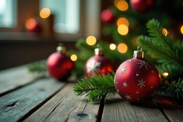 Festive Christmas ornaments in soft focus on a rustic wooden table with fairy lights, natural light, christmas tree, soft focus