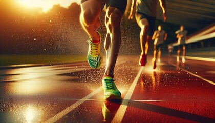 Athletes sprinting on a glittering track, symbolizing passion, energy and determination under the golden hues of the sunset.
