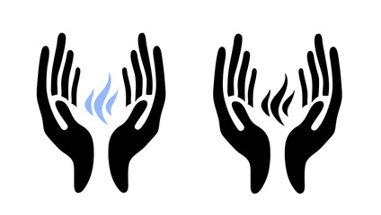 Artistic view of healing hands with energy flowing during practice, icon set with blue and black designs  