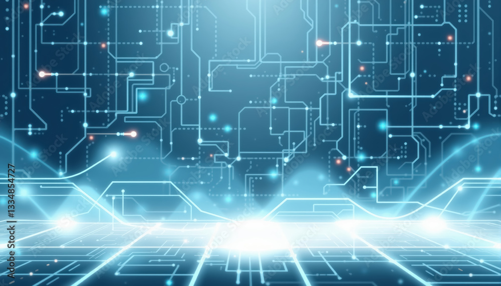 Poster Abstract technology background with circuit board lines and glowing elements on blue backdrop